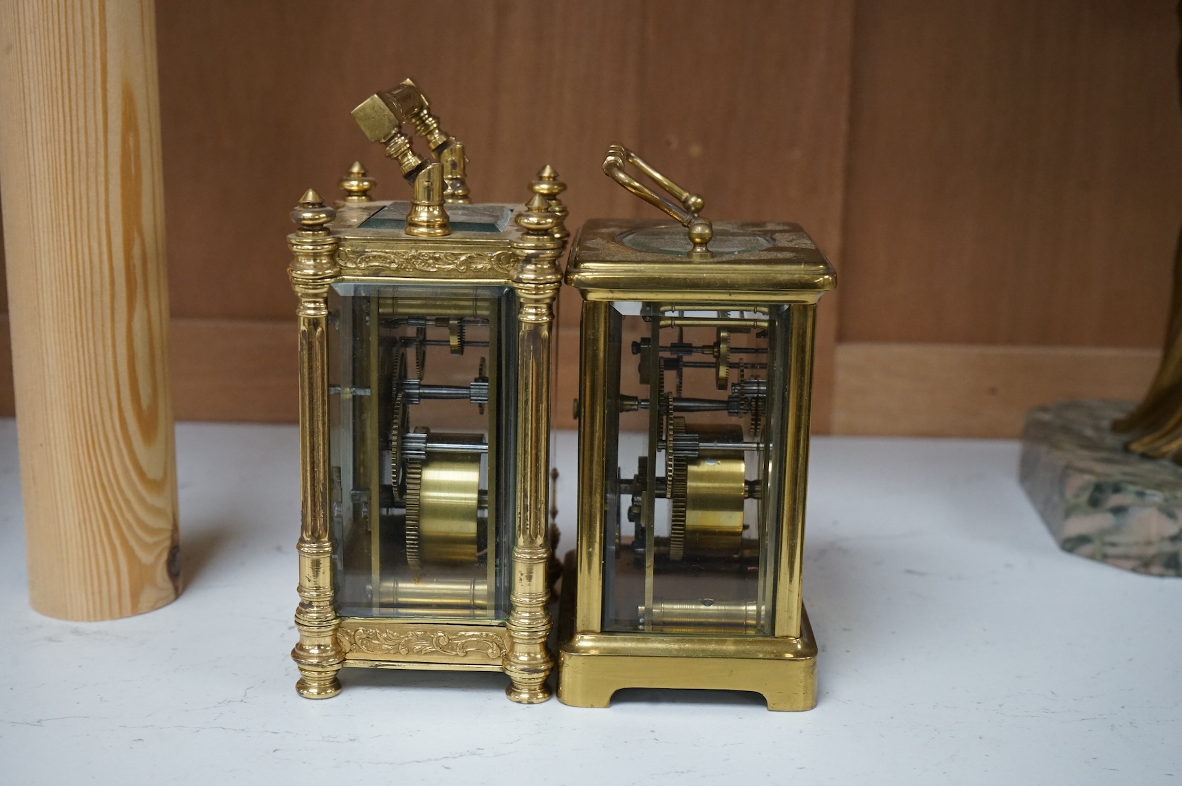 Two French brass carriage clocks, timepiece movements, tallest 12cm